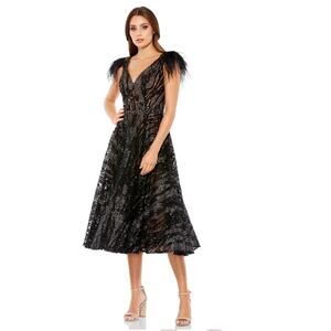 Mac Duggal 79339 Black Embellished Feather Cap Sleeve Midi Dress Size 18 New